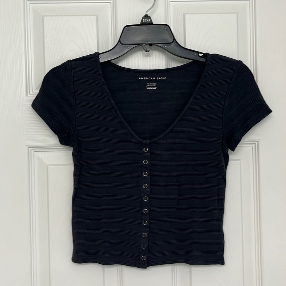 American Eagle, size XS, grey/dark blue short sleeve cropped top
